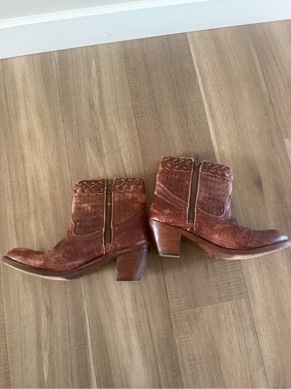Bed Stu Rustic Brown Braided Leather Ankle Boots